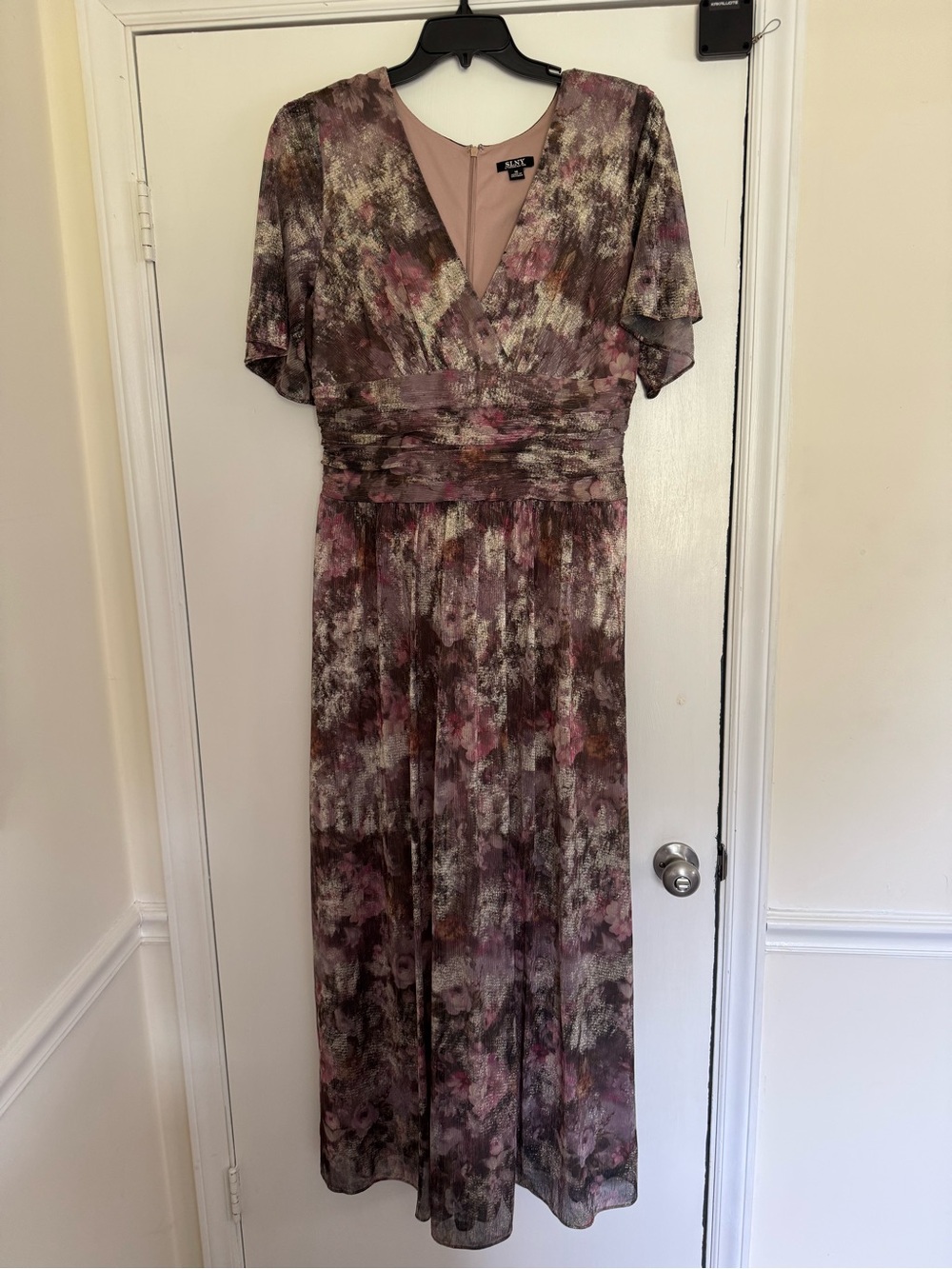 SLNY Pink and Taupe Floral V-Neck Maxi Dress with Flutter Sleeves